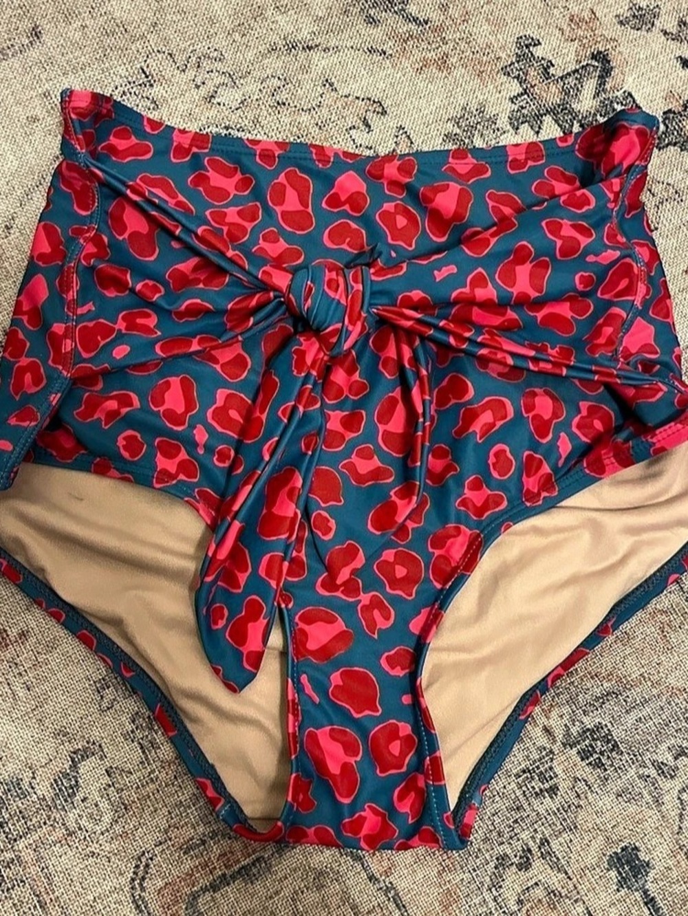 Kortni Jeane Tie-Up-Front Bottoms Animal Print Bikini Bottom in Blue & Red Small